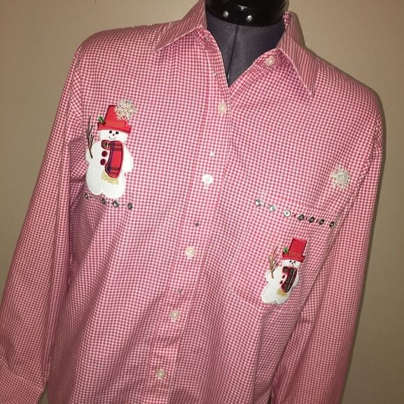 Las Olas Plaid Snowman Christmas Button Up Small - Picture 1 of 7